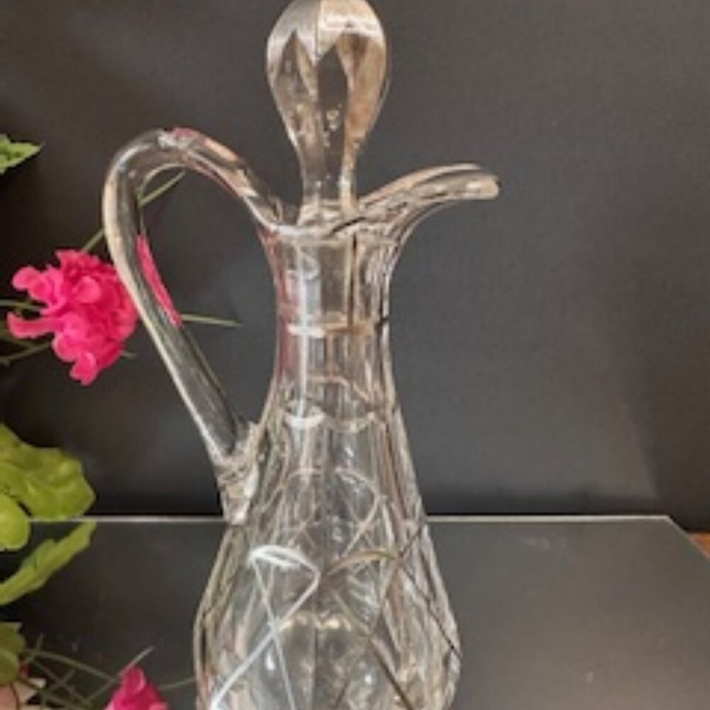 Antique‎ Glass Cruet with Stopper Silver Overlay Vintage Blown Glass Oil Vinegar